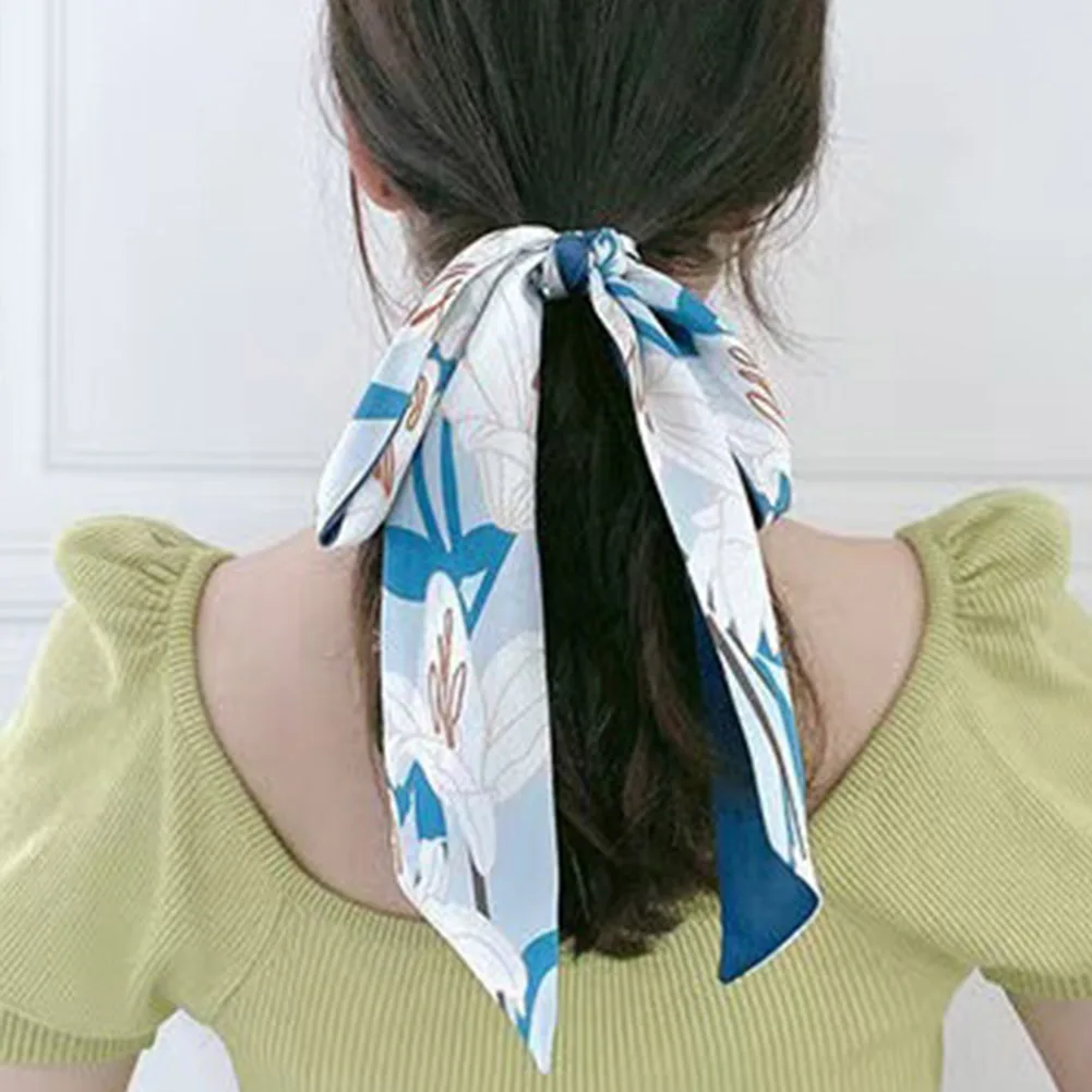 S6da3e4b27f7a4c739dfd29df76d1abaed Fashion Hair Ribbon Summer Print Floral Silk Scarf Long Bow Korean Ponytail Holder Women Girls Head Hair Accessories Mallzona
