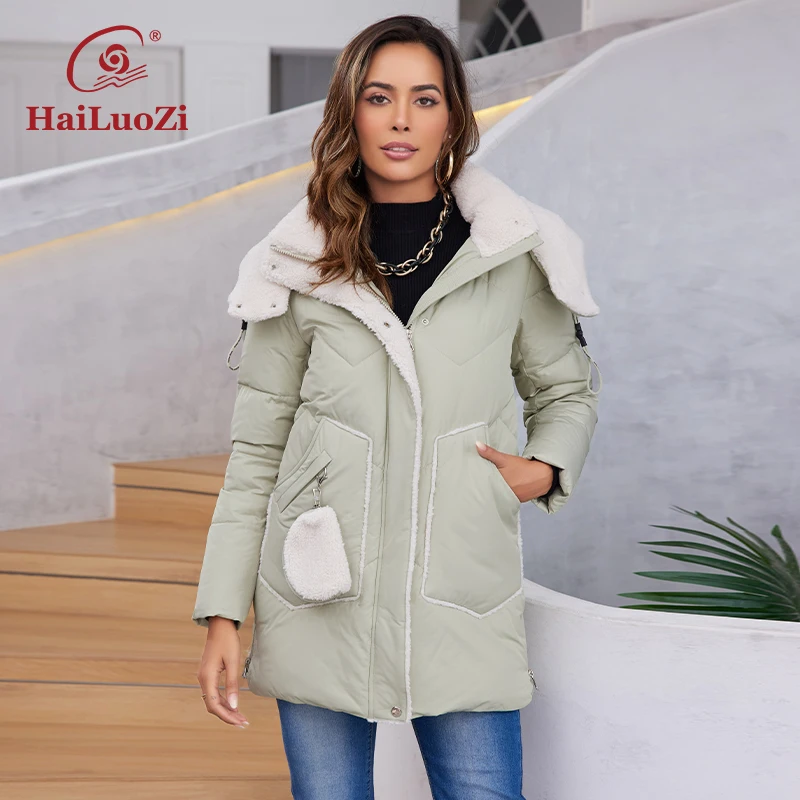 HaiLuoZi 2023 New Women's Jacket Hood With Fur Short Warm Winter
