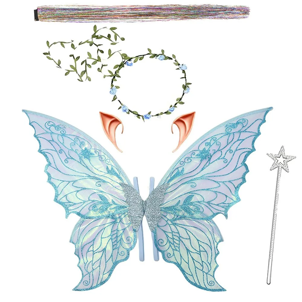 Geschenk für Erwachsene und Mädchen, Feenflügel, glitzernde Organza-Engelsflügel, Feenkostüm-Set für Halloween, Cosplay, Party