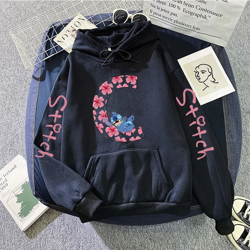 Sweatshirts Women's Winter Hoodies Cute Kawaii Disney Lilo & Stitch 26 English Letters Print Hoodie Fashion Couple Streetwear 4
