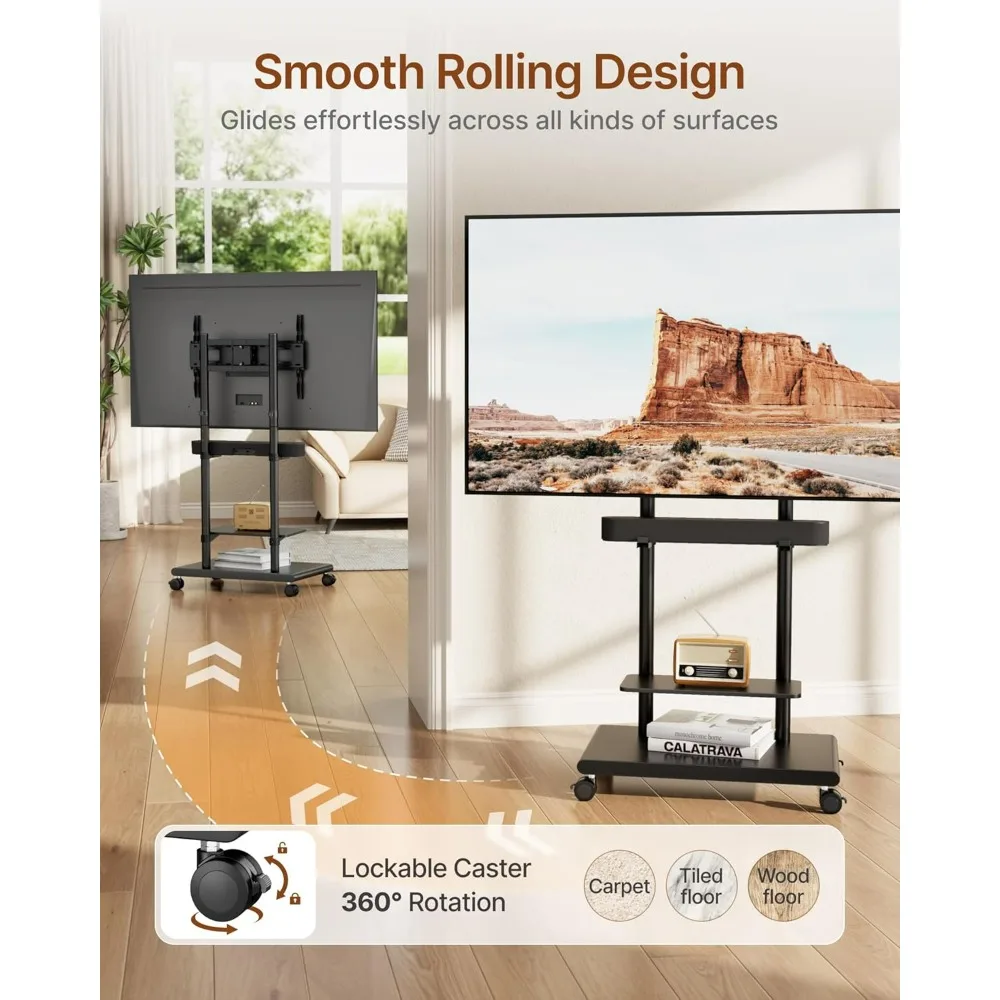 Mobile Swivel TV Stand with Soundbar Mount for 37-75 Inch TVs, Adjustable Tilt and Large Storage Capacity