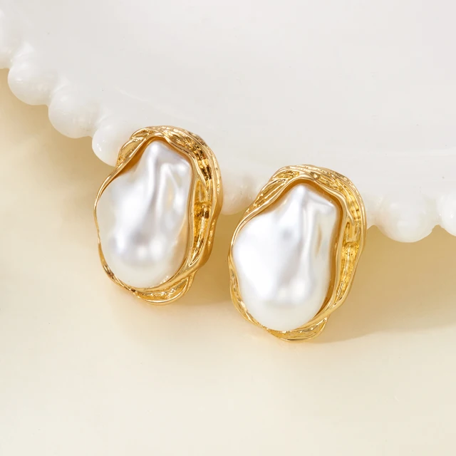86814-9df19b.jpg Boucles d'oreilles en perles baroques irrégulières pour femmes, exquises, Vintage, Style français, couleur or, bord en métal, accessoire de bijoux