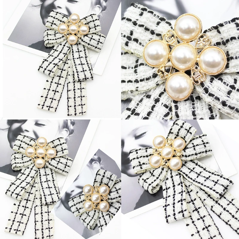 Women Vintage Elegant Plaid Striped Print Pre-Tied Neck Tie Brooch Imitation Pearl Jewelry Ribbon Bow Tie Corsage for Shirt