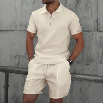 2025 Men Europe and the United States new summer Waffle solid color zip-up lapel short-sleeve suit shorts two sets 1