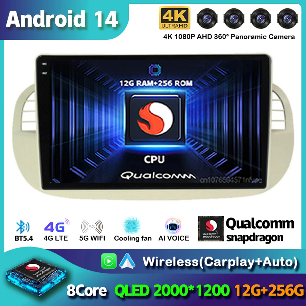 Android 14 Carplay Autoradio Per Fiat 500 Navigazione Gps Controllo Volante Lettore Multimediale Wifi + 4G Stereo 2Din 2 Din
