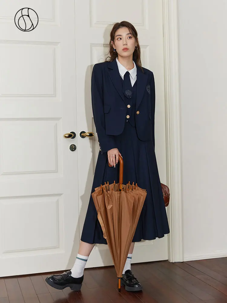 

DUSHU College Style Short Blazer Coat Fashion Two Piece Suit for Women Literary Retro Spring New High Waist Half Pleated Skirt