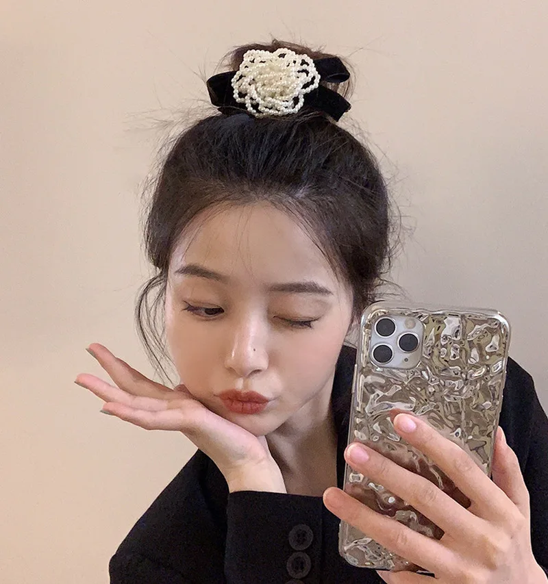 Vintage Black Velvet Bow Hair Ribbon Scrunchie for Women Girls Long Elastic Hair Tie Headwear Female Hair Accessories