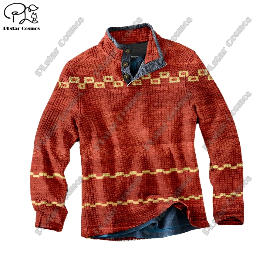 PLstar Cosmos new 3D printing tribal retro pattern series warm stand collar sweater Polo street casual unisex winter Polo L-7