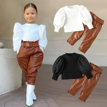 Girls' Ribbed Top & PU Pants Set 1
