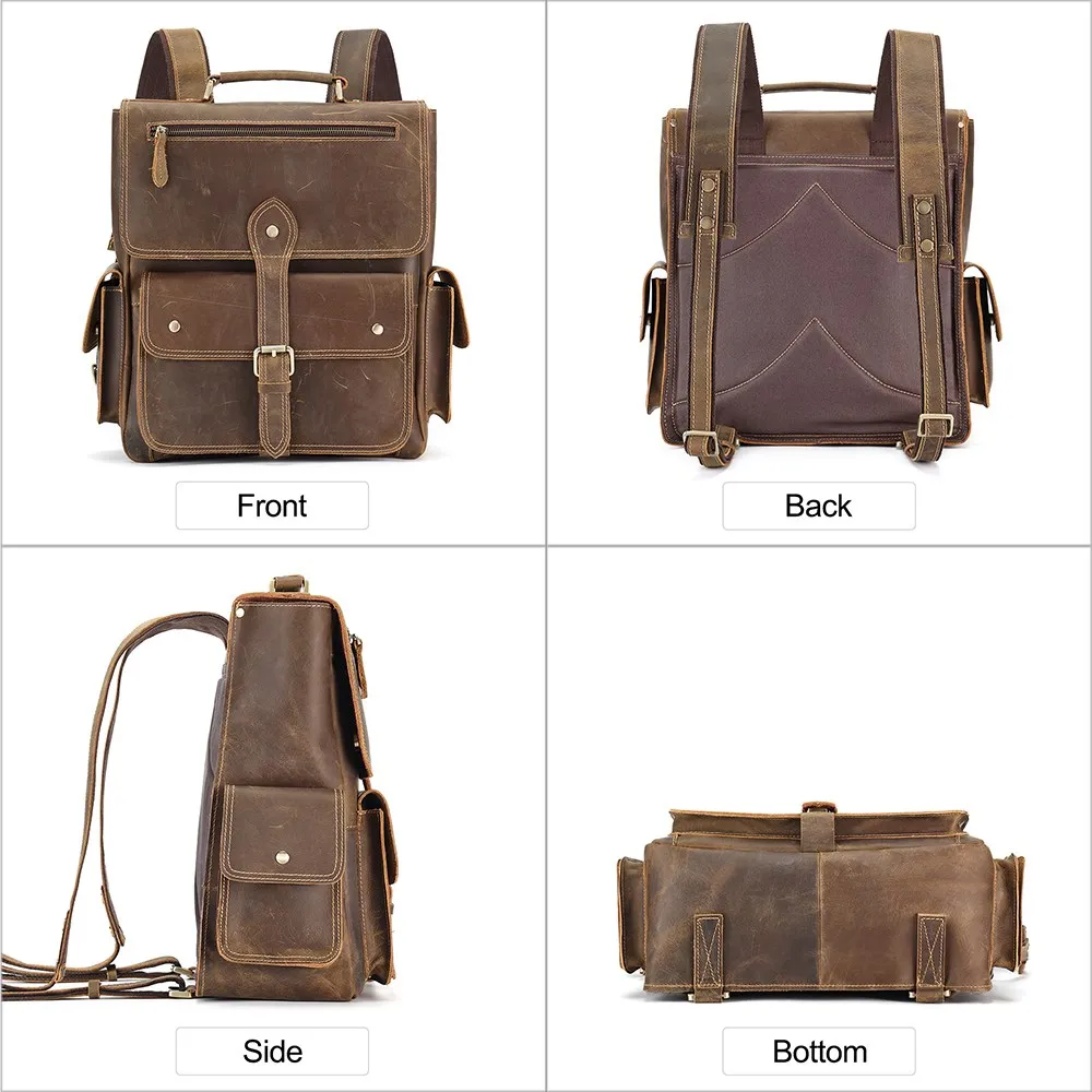 JOYIR Crazy Horse Leather Vintage Men's Backpack 13.3inch Laptop Bag Work Business Daypack Casual Cowhide Hiking Travel Rucksack