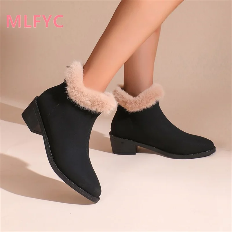 European American Pointed Thick Heeled Short Boots Women Winter New Back Zipper for Comfort Medium Heeled Ladies Fashion Boots