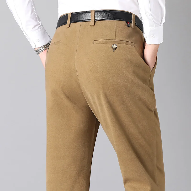 

Autumn Winter Fleece Warm Trousers Middle-aged Thick Solid Casual Loose Suit Pants for Men Straight High Waist Stretch Pants