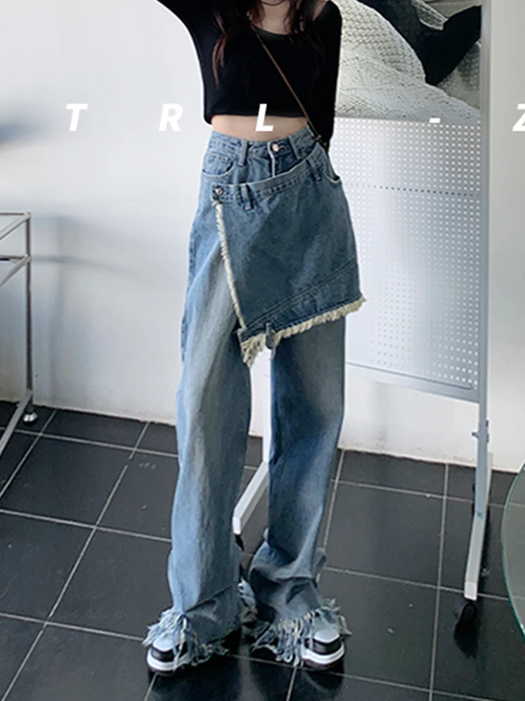 Yitimoky High Waist Fashion Denim Jeans for women Moustache Effect Female Trousers Spring 2022 Jeans Pants Tassel Vintage Denim straight leg jeans