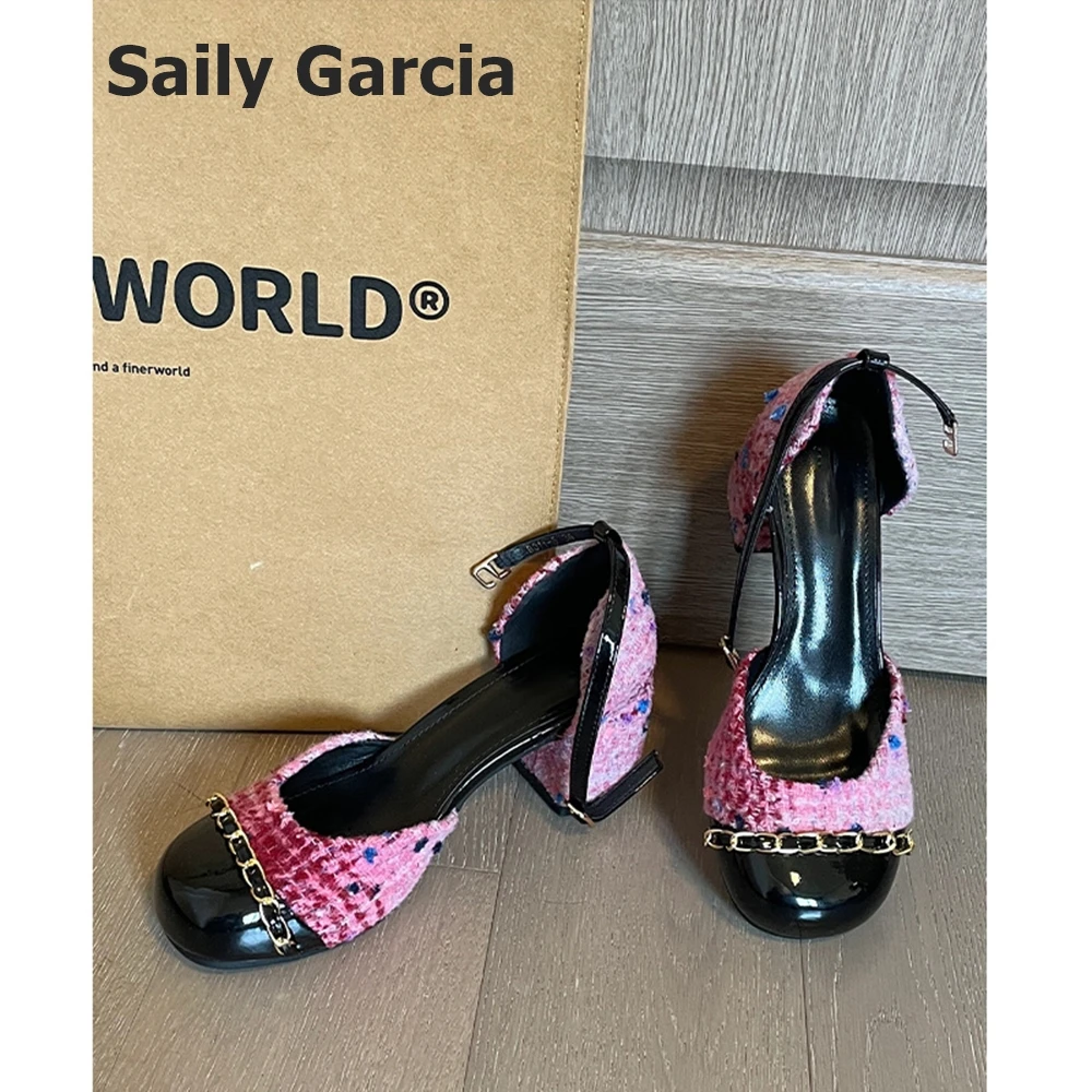 

Mixed Color Weave Shallow Buckle Strap Pumps Round Toe Metal Decorate Mid Heel Sandals 2023 Summer New Sexy Gradient Women Shoes