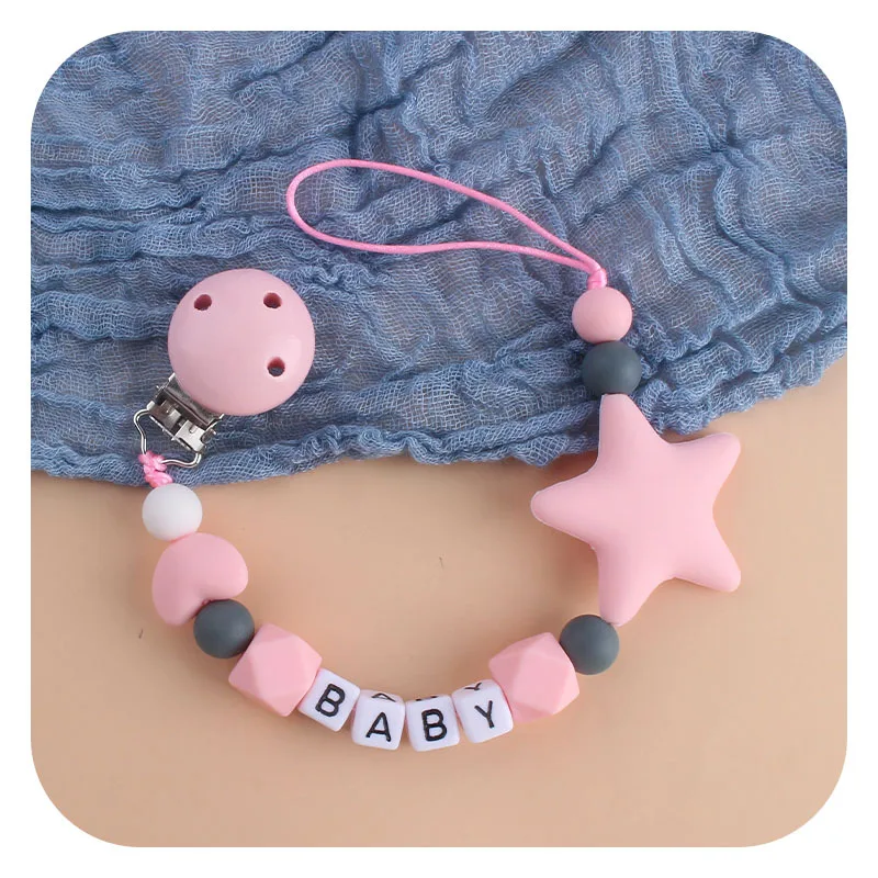 

DIY Personalised Name Silicone Baby Pacifier Clip Chain Five Pointed Star Nipple Clip Dummy Holder Baby Newborn Shower Gifts