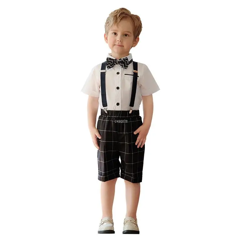 

Children's Day Strap Shirt Shorts Bowtie Clothing Set Kids Summer Photograph Birthday Dress Boys Piano Performance Dance Costume