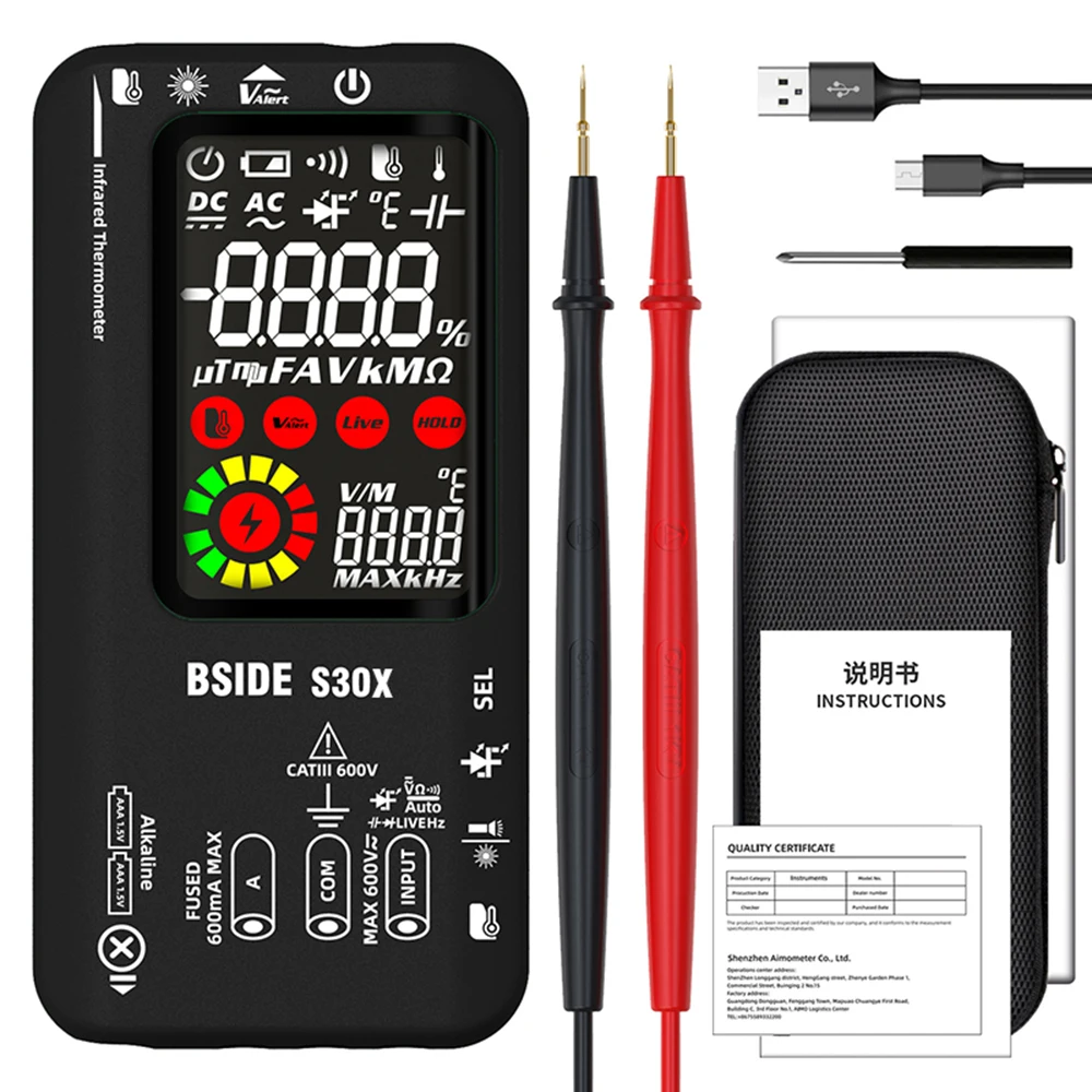 

Digital Multimeter Smart Multitister 9999 T-RMS DC AC Voltage Current 15V Diode Capacitor Ohm NCV USB Rechargeable Tester