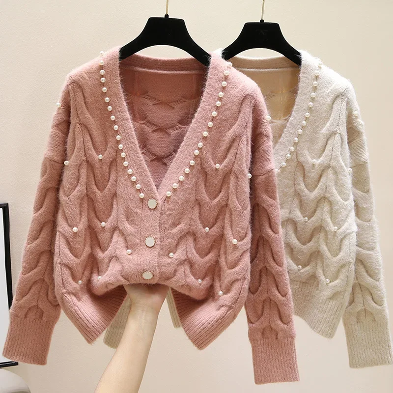 

Women's Sweet V-neck Knitted Cardigan Spring 2024 New Fashion Female Beading Knitted Sweater Beaded Outwear Casual Loose Tops