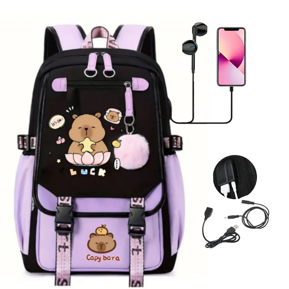 Capibara School Bags Unisex Laptop Capacity Women Men Large Travel Bags Girls Students Patchwork USB Charge Mochilas 5