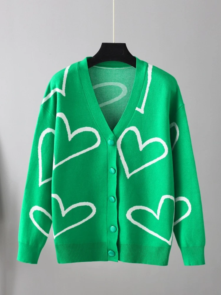 

Cardigan Heart Pattern Knit Drop Shoulder Cardigan Women Autumn Korean V-neck Long Sleeve Loose Sweater Woman Oversized Cardigan