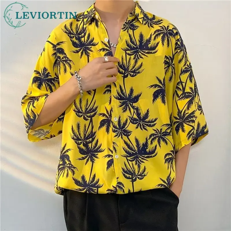 

Hip Hop Beach Holiday Blouse Tops Hawaiian Leaf Print Loose Half Sleeve Shirts Summer Short Sleeve Button Down Shirts for Men