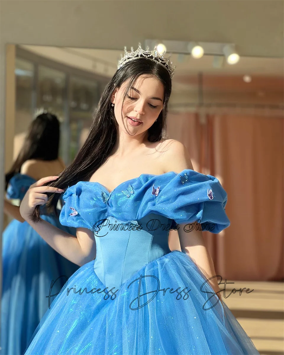 Abito Da Principessa Blu Glitterato Con Perline, Scollo Svasato, Maniche Corte, Vita A Corsetto Per 15/16 Anni