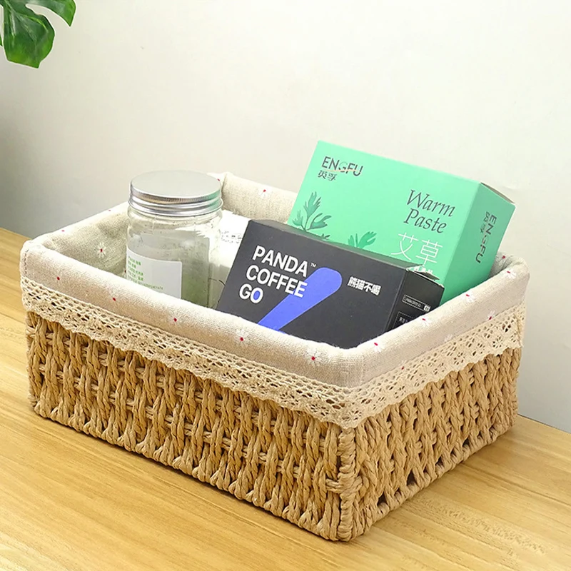 S M L Woven Storage Basket Handmade Rattan Storage Box with Removable Floral Liner Home Decoration Sundries Organizer 3