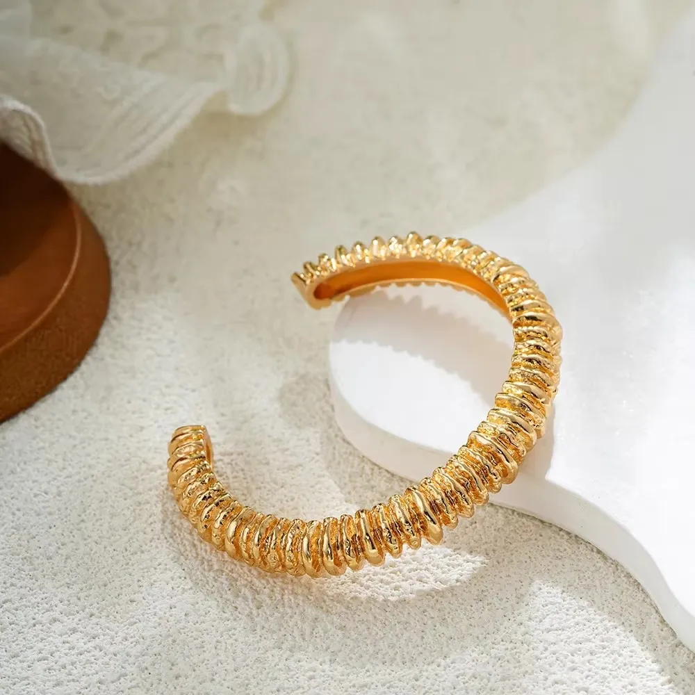 Exaggerate Stainless Steel Lava Textured Bangle Opening Multi-layer Metal Thick Open Bracelet 18K Gold Plated Femal Punk Jewelry