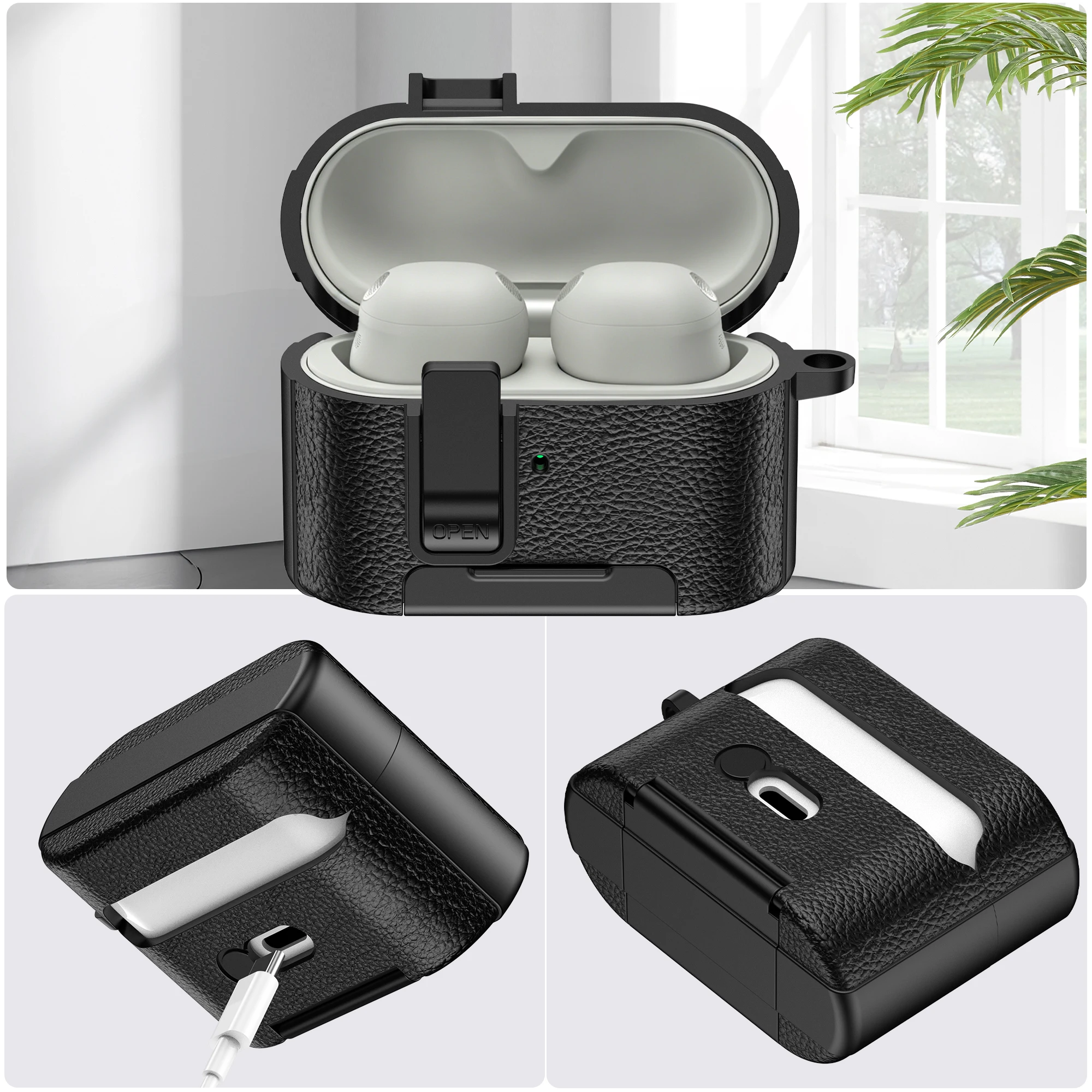 Premium Leather Texture Earphone Protective Case with Secure Lock and Invisible Stand