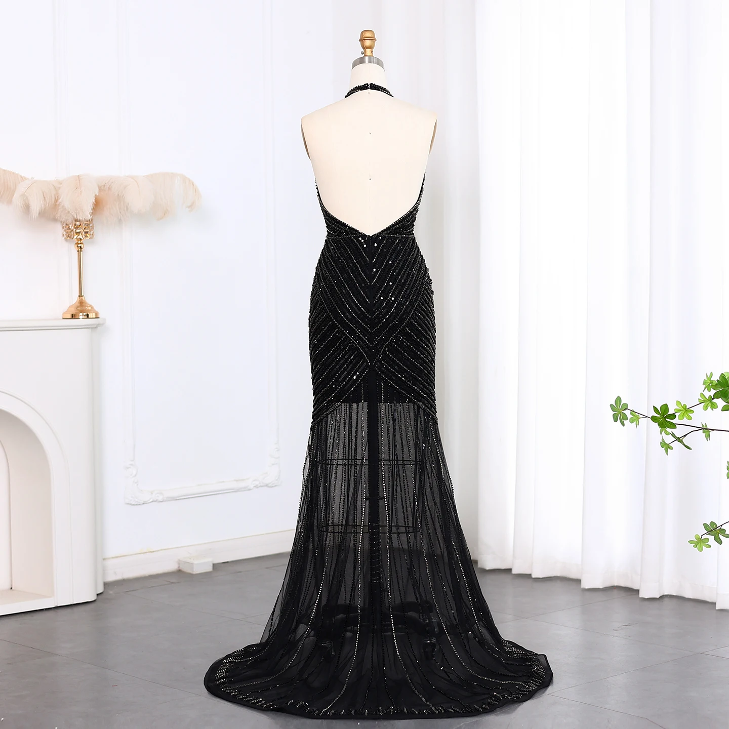 chinese dress ladies Long Black Lace Mermaid Prom Dress with Lace-Up Back Black/Nude / 3 main image 1