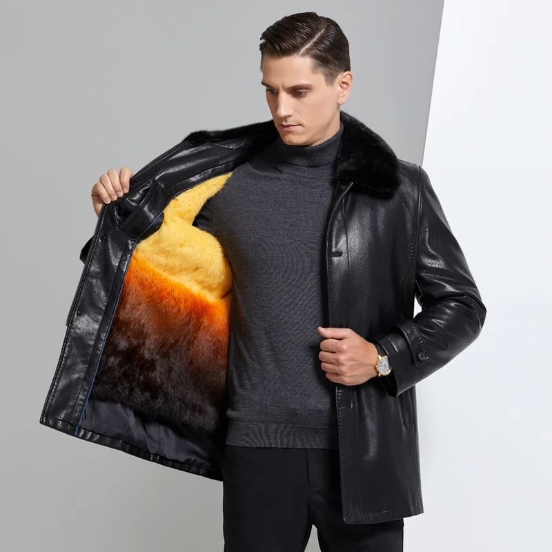 

YN-6382 Winter Men's Gold Rex Rabbit Fur Inner Tank Nick Coat Mink Fox Collar Natural Leather Mid Length