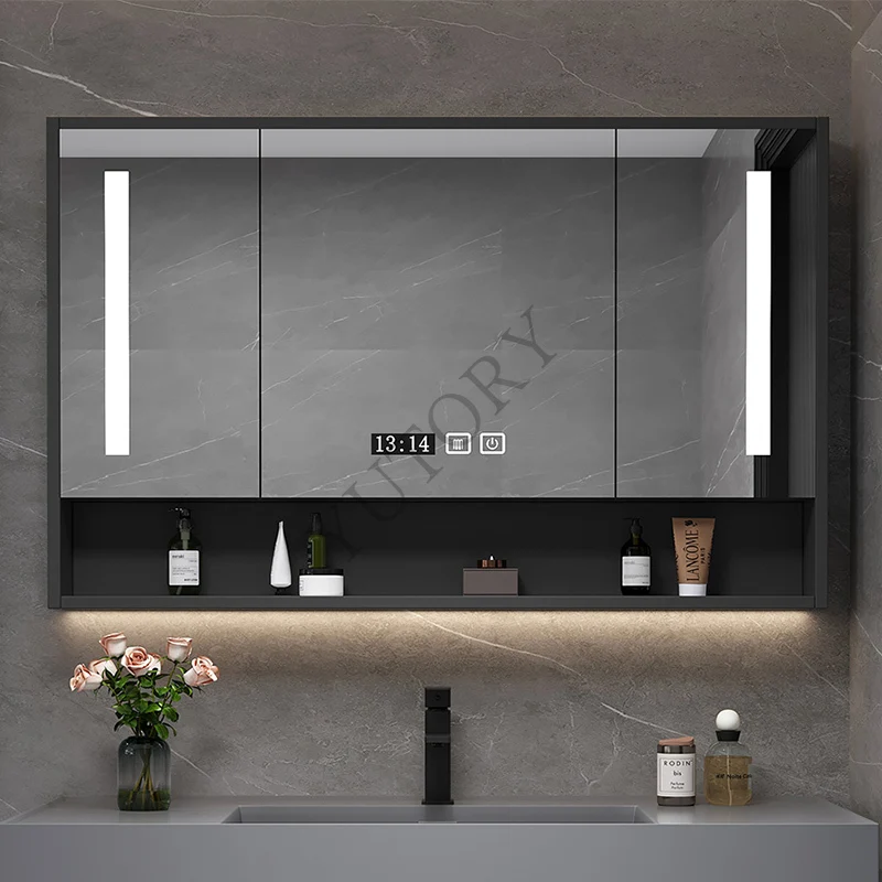 Solid wood smart bathroom mirror cabinet with lamp storage toilet defogging bathroom mirror wall-mounted type with rack