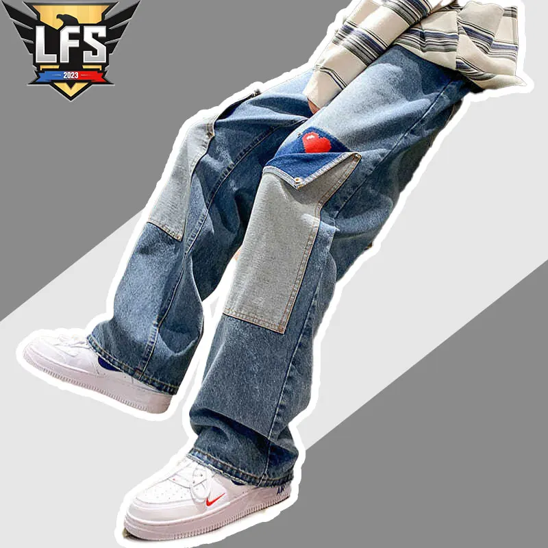 

Джинсы-карго мужские с множеством карманов, модные брюки из денима в стиле пэчворк, Повседневная Уличная одежда