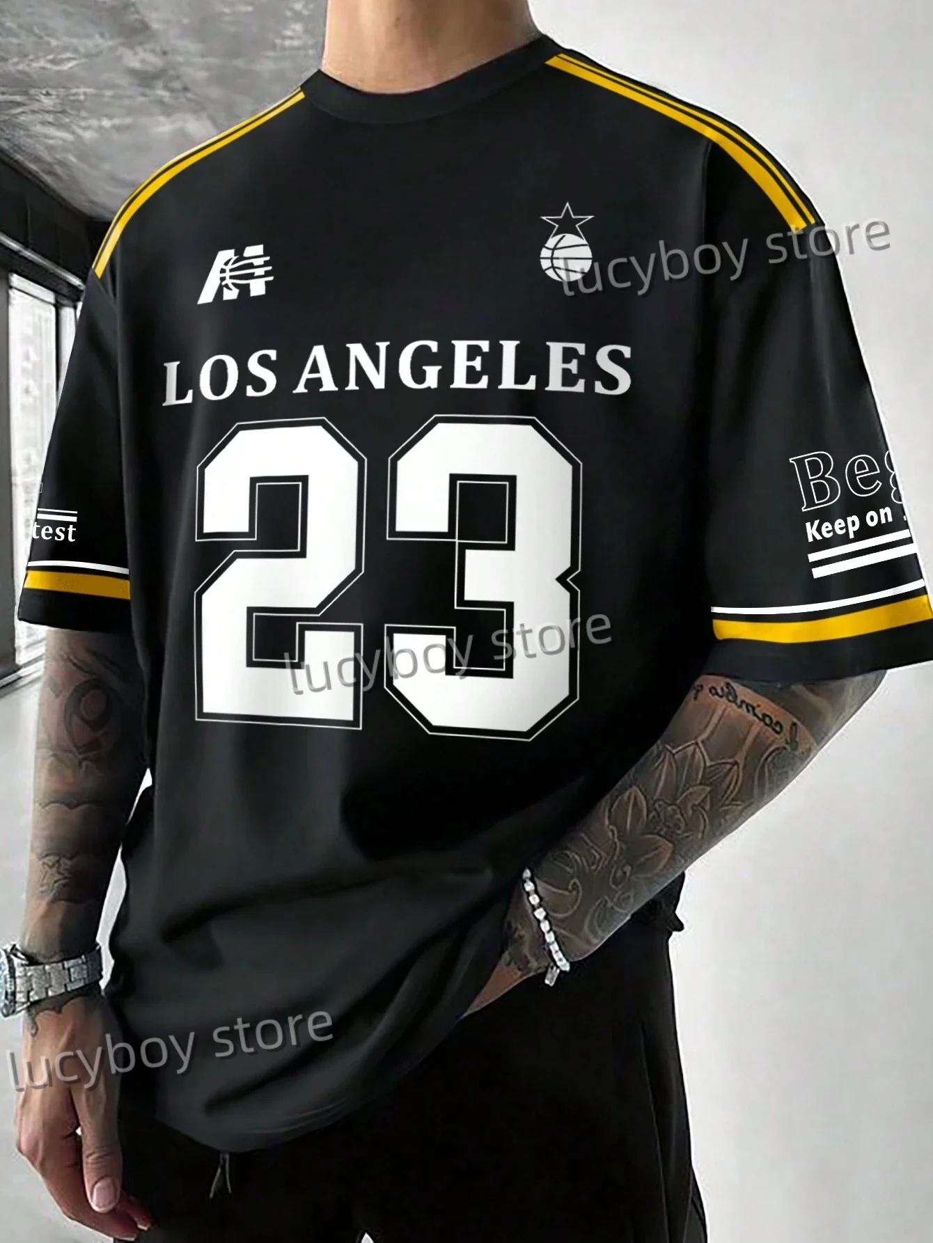 Mens Casual 3D Letter 23 Print T-Shirt Short Sleeve Sportwear Football Vintage Oversize Striped mens cotton t shirt
