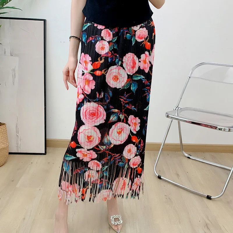 Pleated 2023 New Summer Large 100 Pleated One Step Skirt Split High Waist Wrap Hip Print Half Skirt for Women