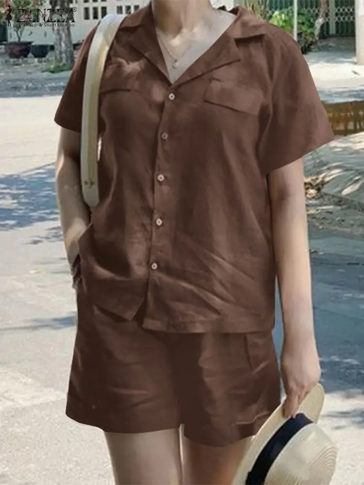 

Женский летний костюм ZANZEA из 2 предметов, блузка с коротким рукавом и короткие костюмы, праздничные рабочие костюмы, модные городские спортивные костюмы, 2024