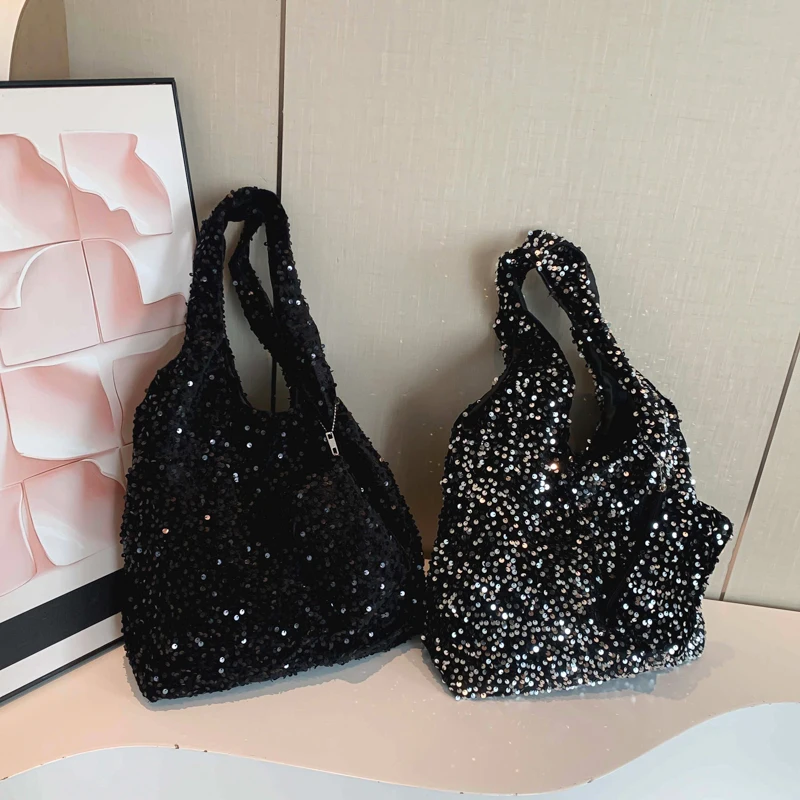 Tote Bag for Women Sequin Handbag Slouchy Hobo Bag Trendy Underarm Bag for Work Travel Shopping