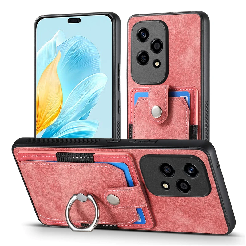 Luxury Leather Magnetic Wallet Case with Ring Stand and Card Slot Cover