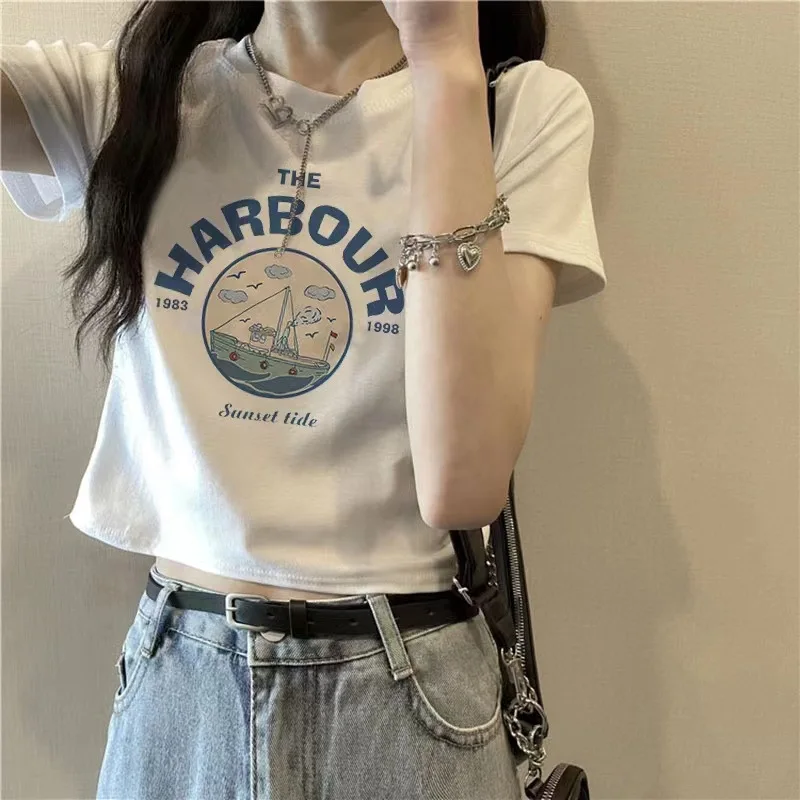 

Тонкая футболка с круглым вырезом и принтом для женщин, лето 2024, простой пуловер, топы