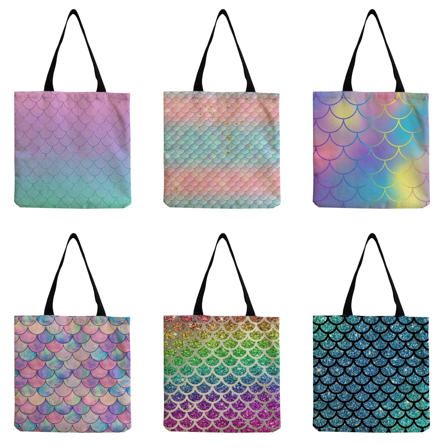 

Shopping Bag Practical Graphic Design Creativity Logo Linen Colorful Fish Scale Print Handbags Women Shoulder Bags High Capacity