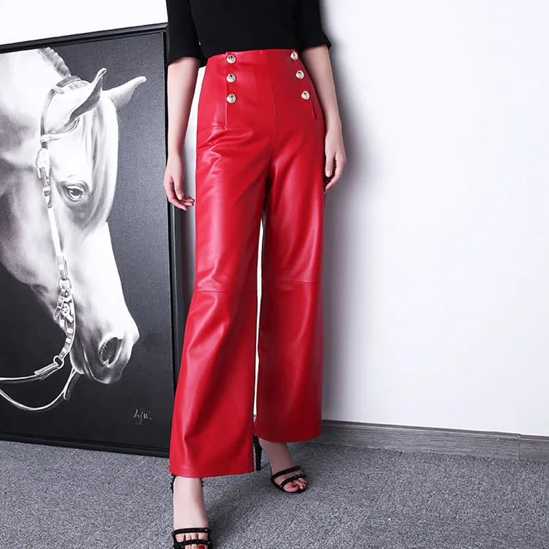 

Genuine Leather Pants Women's 2023 Red/Black Sheepskin High Waist Double-Breasted Wide Leg Straight Trousers Baggy Pantalones OL