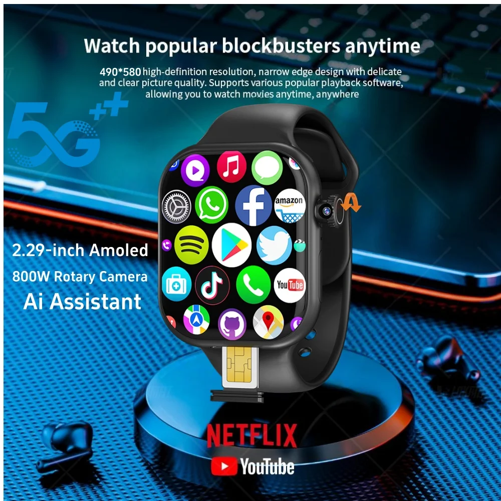VP39 5G Smartwatch S11 Plus 5G LTE Android 12.0 Smart Watch con 190 ° Telecamera rotante GPS WIFI Bussola Play Store Slot per scheda SIM - immagine 2