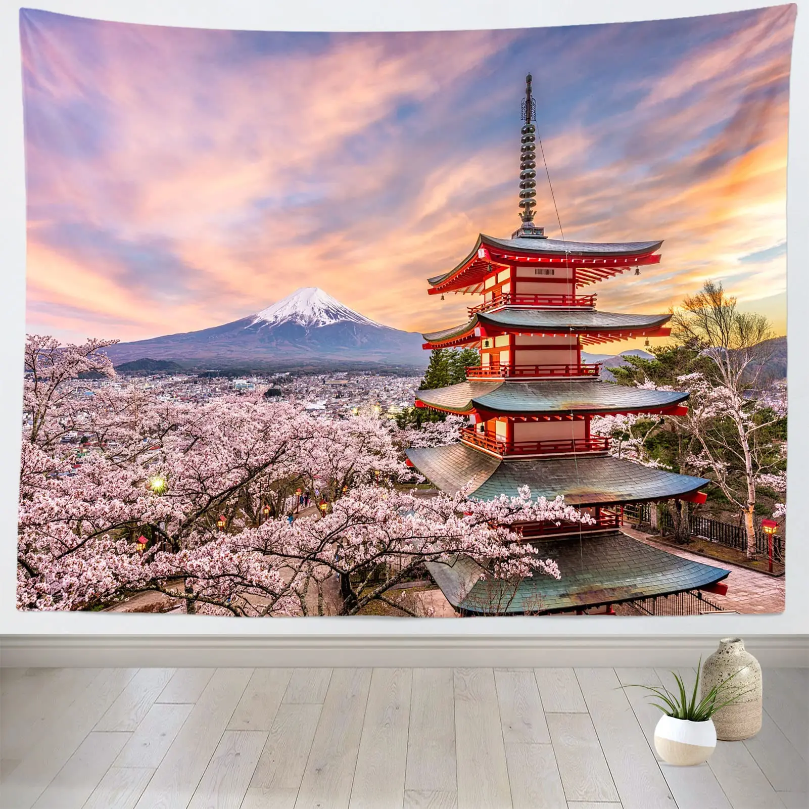Arazzo Giapponese Con Fiori Di Ciliegio | 152x101 Cm, Paesaggio Foresta Con Sentiero | Arredo Da Parete In Flanella Per Soggiorno, Camera Da Letto, Cameretta