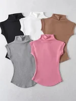 Women Summer Sexy Turtleneck Sleeveless T-Shirts Tops Solid Slim Fit Pullovers Causal Tees Shirts Female Streetwear Basics Tees 1
