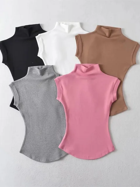 Turtleneck Sleeveless T-Shirts Tops Solid Slim Fit Pullovers Causal Tees Shirts Female Streetwear Basics Tees