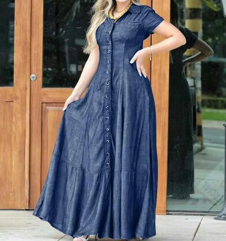 

Женское джинсовое платье макси на пуговицах, Элегантное повседневное платье с коротким рукавом и воротником-рубашкой, одежда на лето 2023