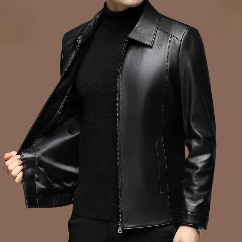 

2024 Genuine for Men Real Sheepskin s Men's Business Casual Lapel Zippered Leather Jacket Veste Cuir Homme