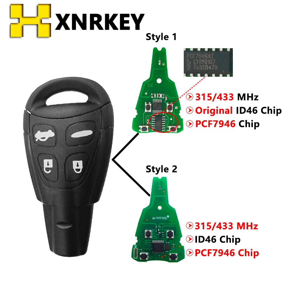 XNREKY LTQSAAM433TX 4 Buttons Smart Car Key for Saab 9-3 93 2003-2007 Aftermarket/Original PCF7946A 315/433MHZ Remote Key