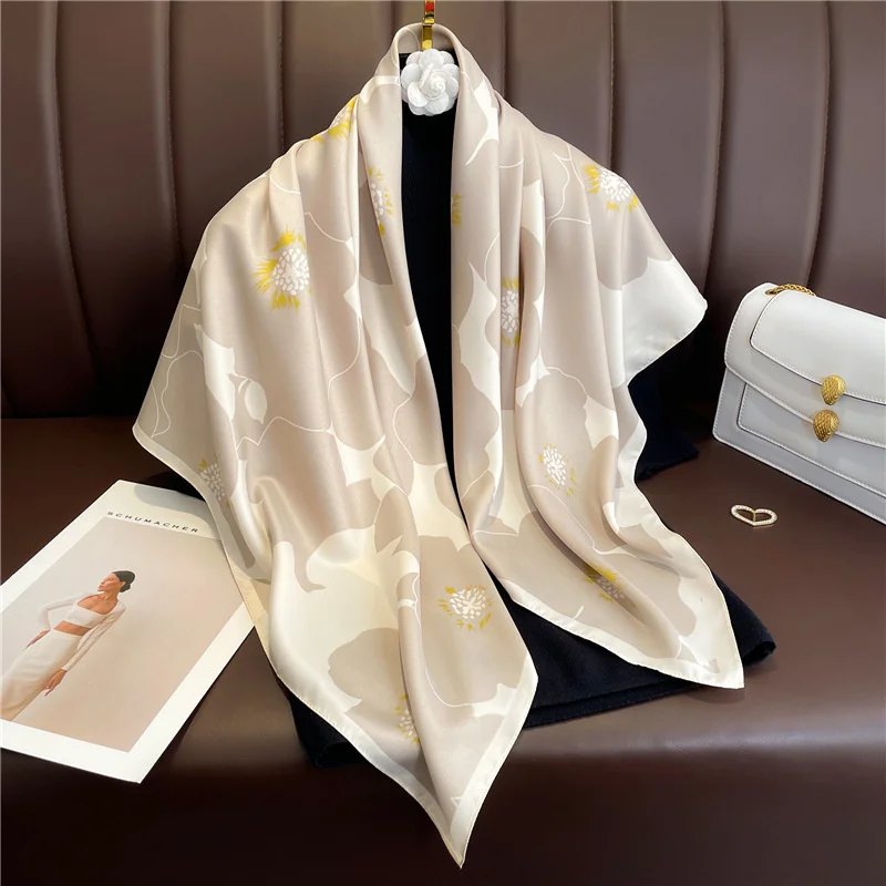 2024 New Silk Scarf Flower Color Matching Scarf Twill Silk Square Scarf 90cm Travel Sunscreen Shawl Headscarf Female 6