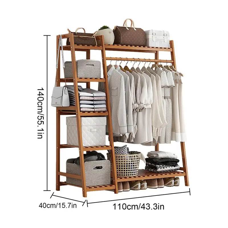 Wooden Garment Coat Clothes Hanging Heavy Duty Rack with top shelf and 2-tier Shoe Clothing Storage Organizer Shelves 6